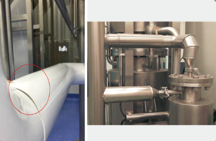 图7 传统的管道保温措施（左：PVC外壳；右：不锈钢外壳）易发生变形