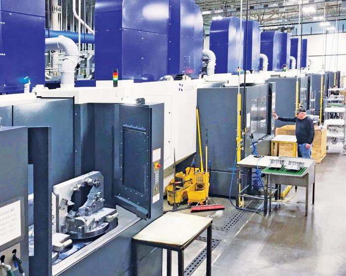 图2 LICON MT 的五台柔性双主轴加工中心对Trace 压铸有限公司的生产至关重要，它们用于生产电机外壳