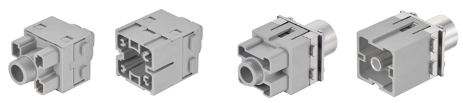Han®300A模块：短版配备压接连接（左），长版配备轴向螺钉连接（右）。